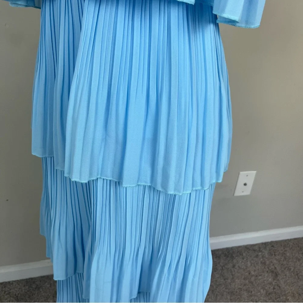 OFF THE SHOULDER TIERED PLEATED MIDI CHIFFON DRESS IN LIGHT BLUE SIZE MEDIUM - Picture 13 of 16